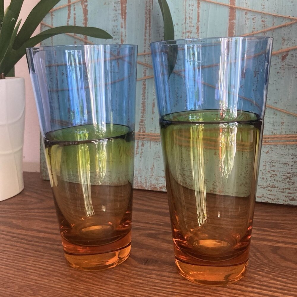 Sghr Duo Amber Blue 9 oz Artisan Glass Tumblers Sugahara Japan